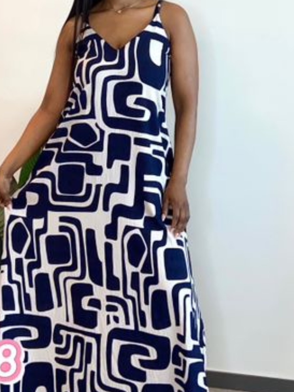 Women's Navy and White Geometric Maxi Dress